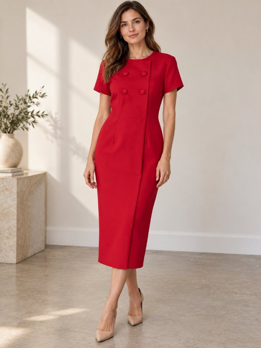 Safiyaa Red Virgin Wool Silk Tailored Midi Dress Size M NWT